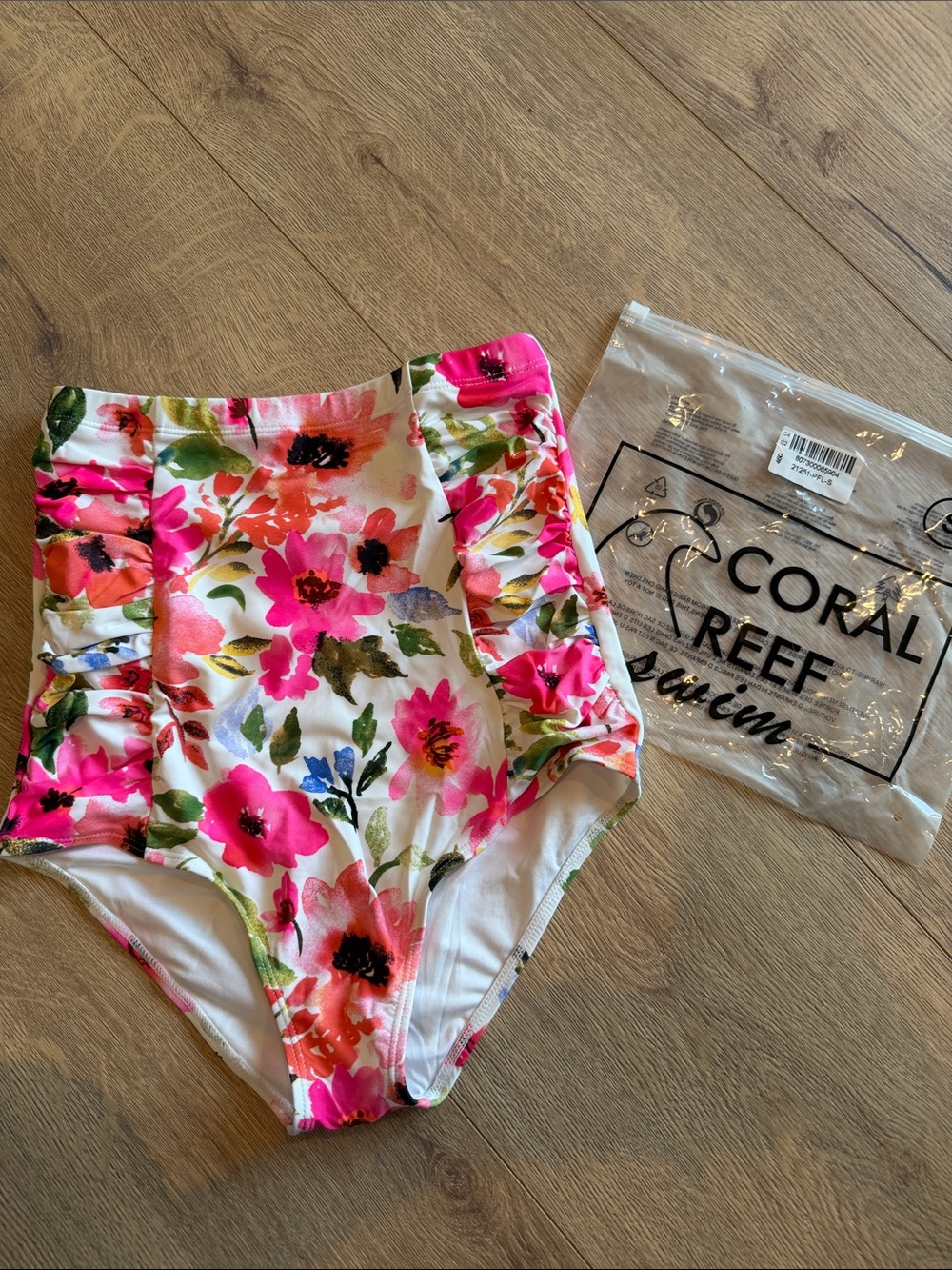 Coral Reef Pink Floral High-Waist Bikini Bottom - S